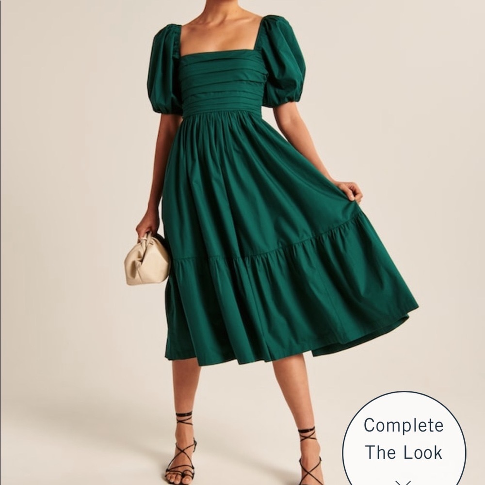 Abercrombie Ruched Puff Sleeve Poplin Midi Dress